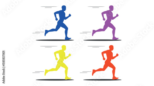 Colorful running athlete silhouettes showing motion speed and physical activity in flat vector style
