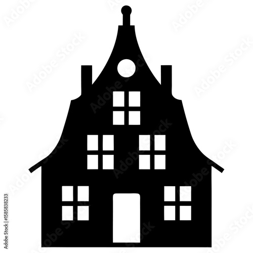 Silhouette of a traditional dutch canal house with a steep roof isolated on white background