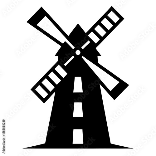 Classic windmill silhouette with rotating sails isolated on white background