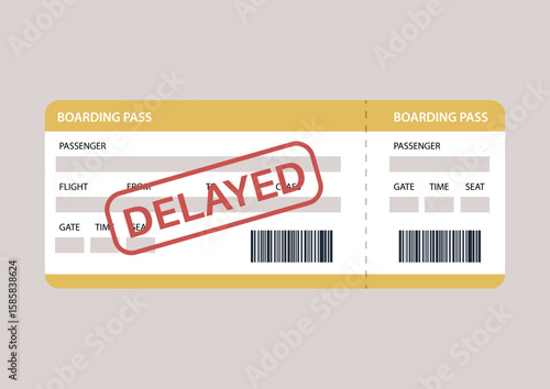 Boarding pass tagged with a delayed stamp at the airport check-in counter, adding stress to someone's travel experience