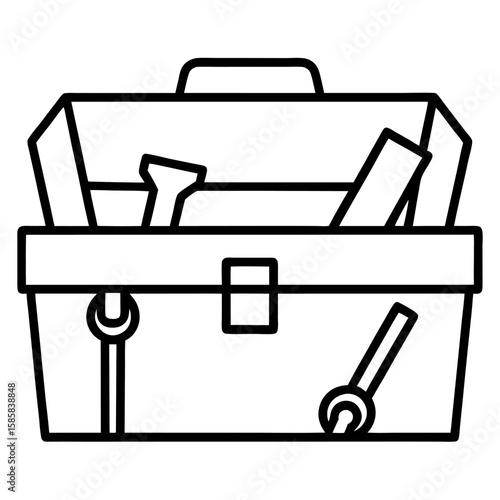Clean line art illustration of an open toolbox drawer with organized compartments isolated on white background