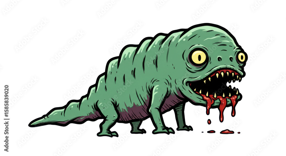 Fototapeta premium A grotesque and bizarre green cartoon monster with large yellow eyes and a wide-open, blood-dripping mouth, evoking a sense of creepy horror and fantasy
