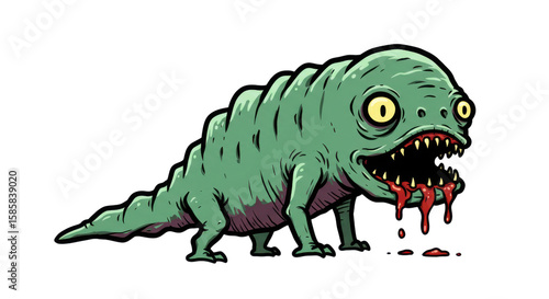 A grotesque and bizarre green cartoon monster with large yellow eyes and a wide-open, blood-dripping mouth, evoking a sense of creepy horror and fantasy