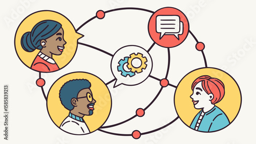 Three diverse individuals exchanging ideas in a collaborative network, showcasing teamwork and innovation.