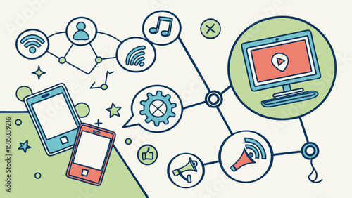 Illustration depicting interconnected digital devices, showcasing technology and media interactions.