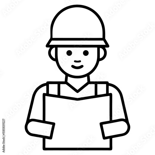 Line art of a construction worker holding a blueprint isolated on white background