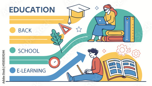 Illustration of diverse students engaged in e-learning and education, featuring books and graduation cap elements.