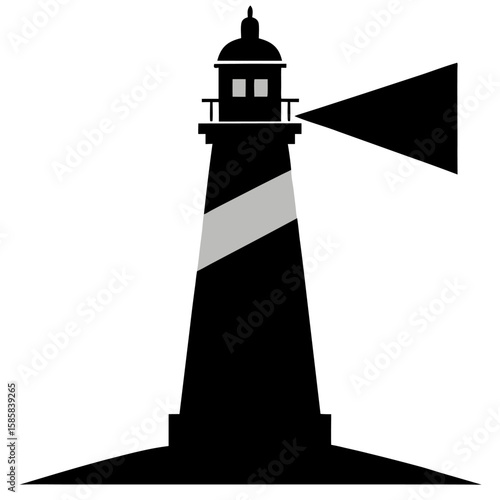Silhouette of a lighthouse beam shining outwards isolated on white background