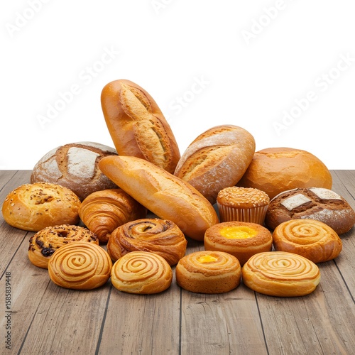 Assortment of Freshly Baked Bread and Pastries on a Wooden Table