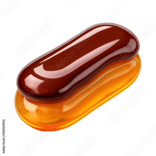 Translucent 3D Icon Style Eclair Dessert with Chocolate Glaze on Golden Base Isolated on Transparent Background