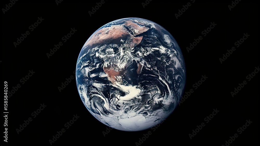 Obraz premium From the Vast Expanse of Space: A Breathtaking Glimpse of Earth – Where Blue Oceans Merge with White Clouds, Green Landmasses Nestle Amidst Curving Horizons, and the Fragile Glow of Atmosphere Wraps