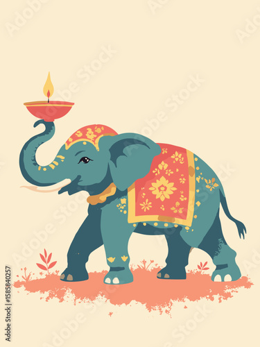 Diwali - painted elephant motif carrying a lit lamp in teal, gold, coral, and ivory