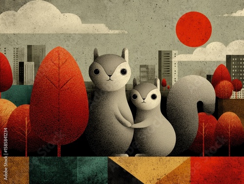 Stylized animals in red autumn landscape with abstract city and sun in the background


