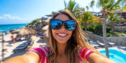 Influencer taking selfie while vacationing on the summer beach of Monaco