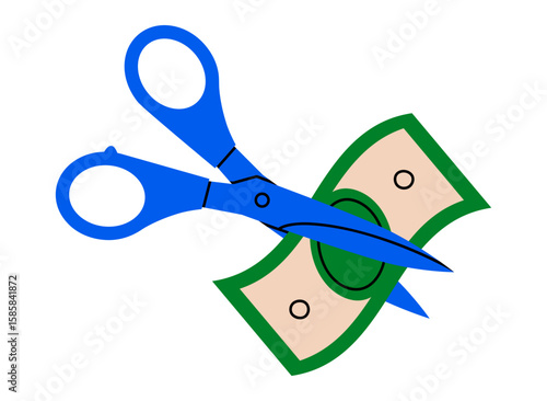 Hand drawn cute cartoon illustration of scissors cut currency money. Flat vector price reduction doodle. Budget deficit sign icon or sticker. Debt or credit symbol. Financial crisis. Isolated.