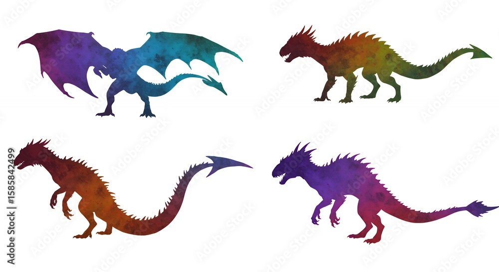 Naklejka premium Colorful dragon silhouettes isolated on white background