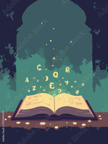 Halloween - spellbook open with glowing runes on table in dark brown, gold, green, and black