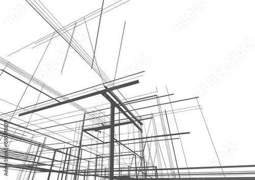 CAD Drawing Flat Vector Illustration, Abstract Geometric Wireframe, Technical Sketch Design, Digital Architecture Blueprint, Engineering Structure Concept, Precision Draft Artwork
