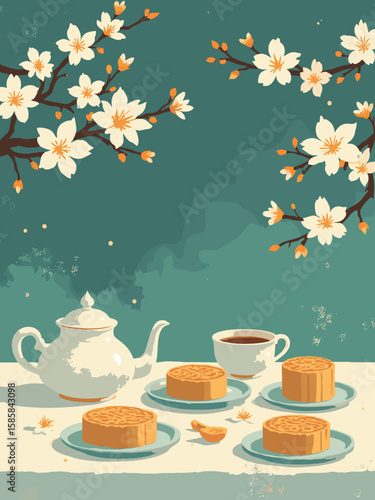 Mid‑Autumn Festival - mooncake table spread with golden pastries, porcelain tea set, jasmine blossoms in cream, amber, forest green, and pale blue