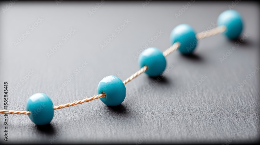 Obraz premium Five smooth light blue spherical beads threaded on a twisted tan string laid on a textured dark gray surface