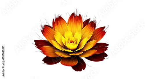 Vibrant multi-layered blossom illustration with a fiery gradient of red, orange, and yellow petals, symbolizing growth and the profound beauty of nature's artistry