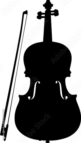A stark black silhouette of a violin and its bow rests against a clean white background