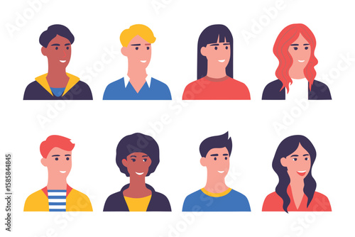 Diverse Portraits: A collection of eight unique, smiling faces representing a diverse range of individuals, showcasing the beauty of individuality.