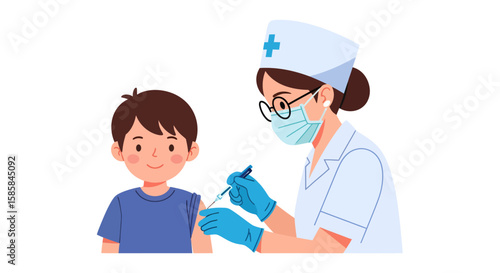 Cartoon Boy Receiving Vaccination from Nurse with Mask and Gloves