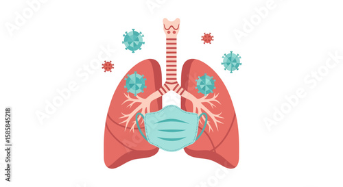 Cartoon Lungs with Medical Mask and Virus Particles, Respiratory Protection