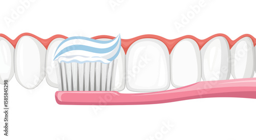 Cartoon Teeth with Pink Toothbrush and Blue Striped Toothpaste