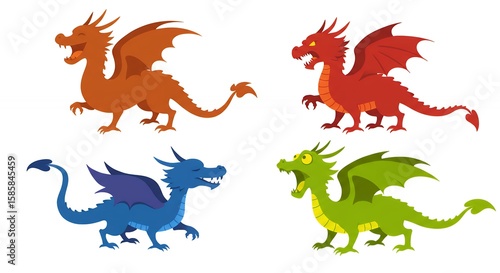 Four cartoon dragons of different colors