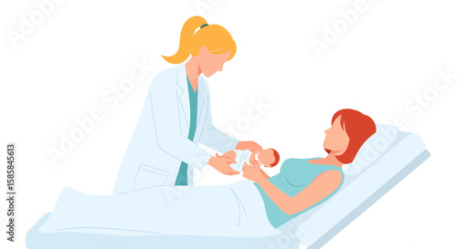 Doctor Examining Newborn Baby with Mother in Hospital Bed Illustration