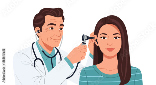 Doctor Examining Patient's Ear with Otoscope, Medical Checkup, Healthcare Illustration
