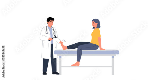 Doctor Examining Patient's Reflexes with Reflex Hammer on Examination Table