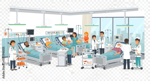 Hospital Ward Scene with Patients and Medical Staff in a Modern Setting