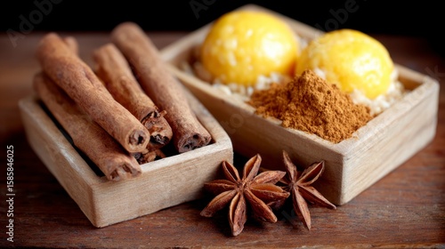 Fototapeta Naklejka Na Ścianę i Meble -  Cinnamon sticks star anise and yellow ingredients in wooden bowls with spice