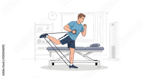Man Exercising with Resistance Band, Leg Extension, Physical Therapy, Blue Outfit