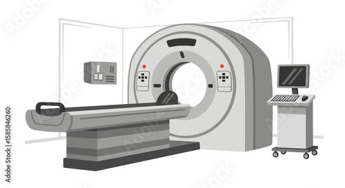 Modern CT Scanner Illustration with Control Console and Examination Table