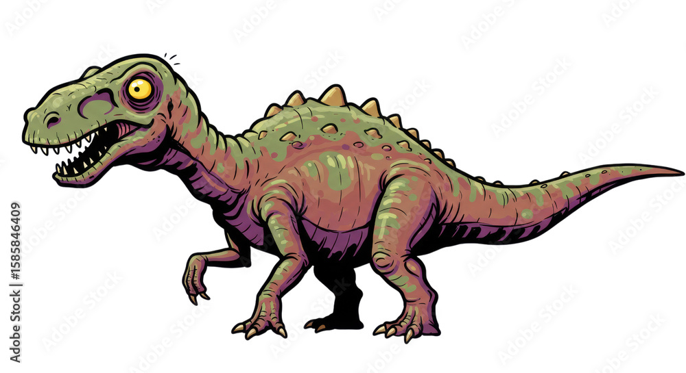 Obraz premium Cartoon illustration of a green and red dinosaur with yellow eyes and spikes on its back, standing on white background