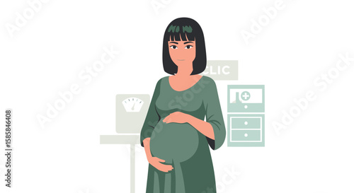 Pregnant Woman in Green Dress Holding Her Belly, Medical Clinic Illustration