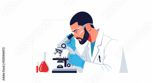 Scientist in Lab Coat Examining Sample Under Microscope with Safety Goggles