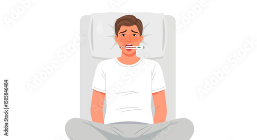 Sick Man with Thermometer in Mouth Lying in Bed with Fever