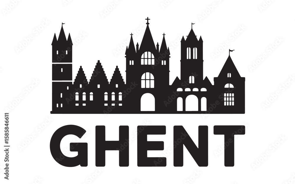 Obraz premium Ghent Cityscape Silhouette A Bold Vector Illustration of the Famous Belgian City's Skyline with Prominent Landmarks and Architectural Details