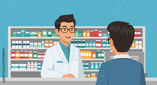 Smiling Pharmacist with Glasses in White Coat Assisting Customer at Pharmacy Counter