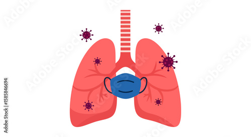 Stylized Lungs with Mask and Virus Particles, Medical Illustration