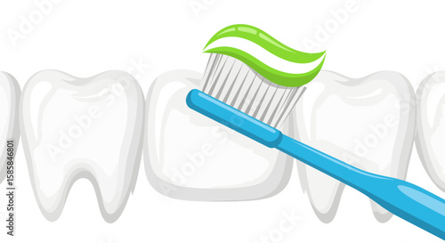 Toothbrush with Green Toothpaste on Teeth, Dental Hygiene Illustration