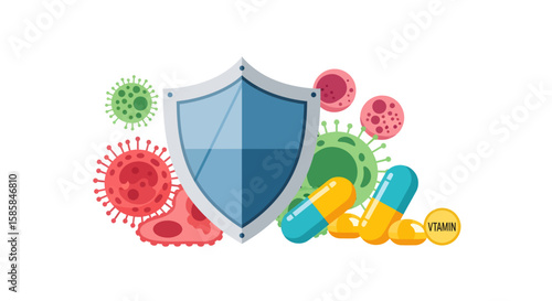 Vector Illustration of Immune System Protection with Shield, Viruses, and Vitamins