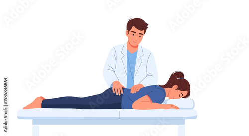Woman receiving physiotherapy treatment from a male therapist on a massage table.