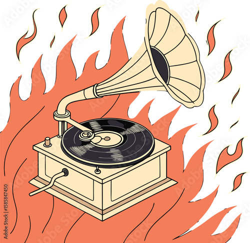 Nostalgic antique gramophone with a vinyl record, a vintage audio player evoking the warm sound of old music
