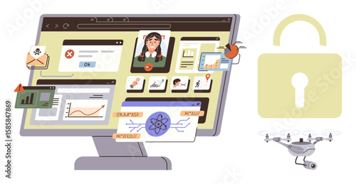Computer screen with various pop-ups, error messages, and analytics charts alongside a padlock and drone. Ideal for cybersecurity, online threats, privacy protection, malware, data analytics